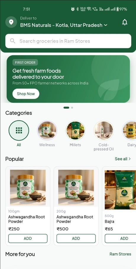 Mohalla Store app โ Deliver to BMS Naturals, browse categories and popular groceries